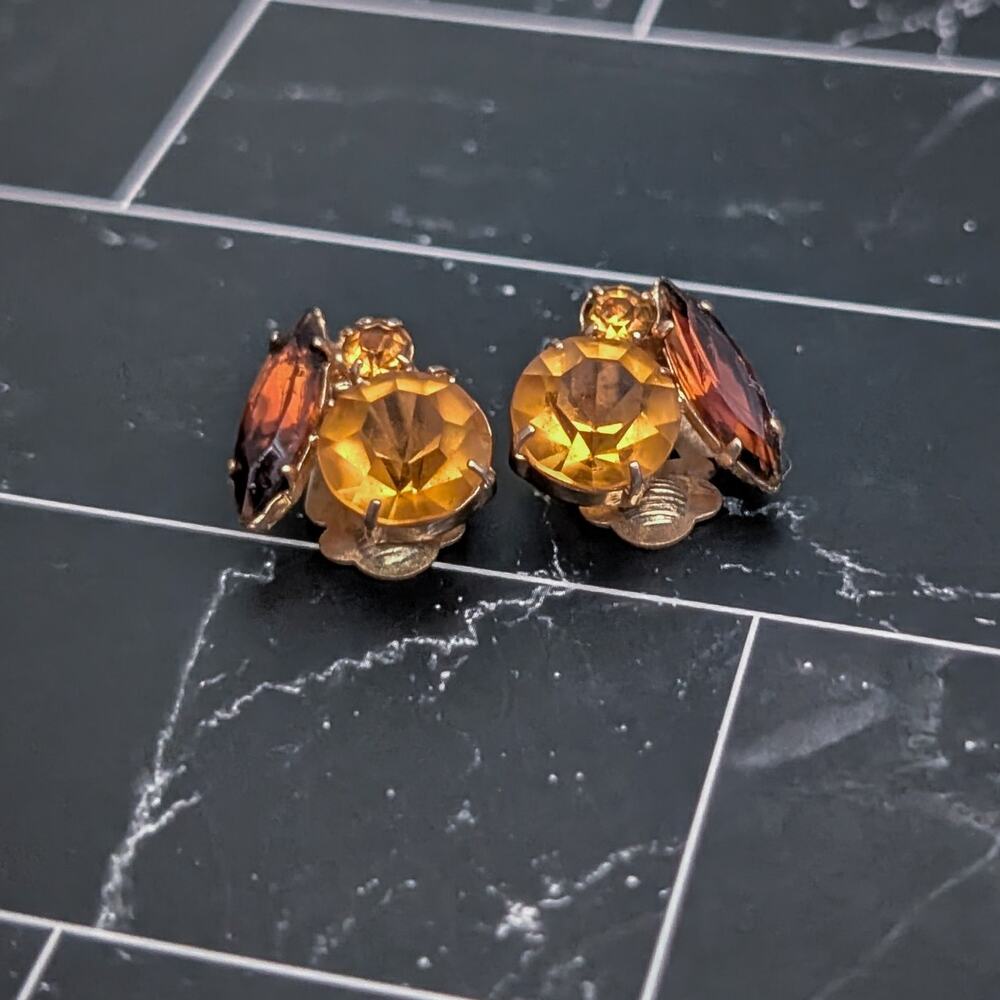 Vintage Clip On Earrings Amber Tone & Brown Gems Regal & Elegant